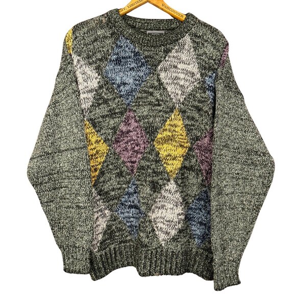 Vintage 90s Argyle Knit Sweater Wool Blend Green Eclectic Clothing - Picture 1 of 8